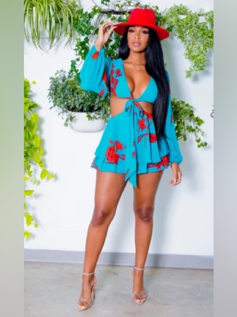 Turquoise Floral Tie-Front Romper with Long Sleeves